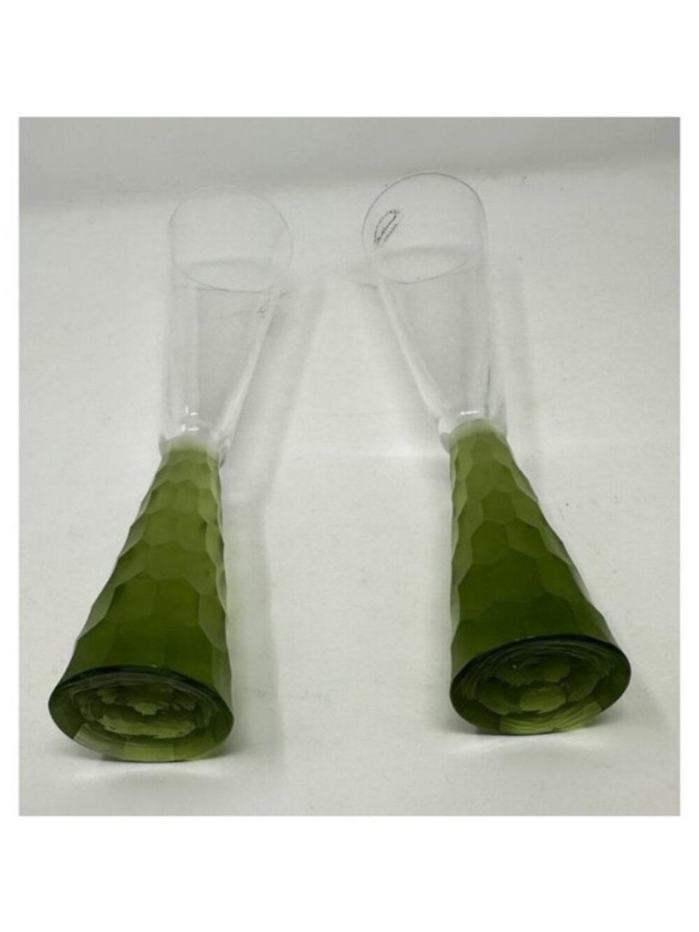 ARTLAND PRESCOTT Crystal Champagne Flutes Handblown Honeycomb GREEN Set of 2 - Picture 8 of 11